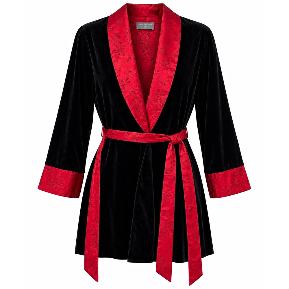 Jaclyn Smith Studio Intimates Robe S Black Velvet Red Brocade Asian Kimono Y2K